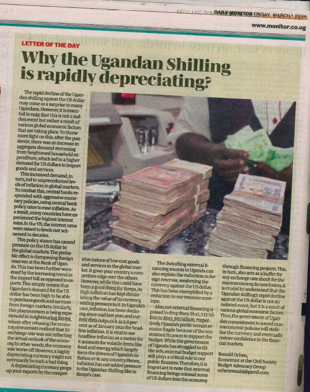 Why is the Ugandan Shilling rapidly depreciating? Here are great insights from our Economist @OchenRonald in Daily Monitor. @JuliusMukunda @BOU_Official @MalaikaB5 @namagembeck @ACODE_Uganda monitor.co.ug/uganda/oped/le…