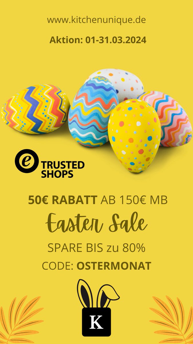 kitchenuniquede's tweet photo. Dieses Angebot ist nur vom 01.03 bis zum 31.03.2024 verfügbar - 31 Tage lang, um deine Küche zu revolutionieren. 🎉 Und das ist noch nicht alles! Der 50€ Coupon (CODE: OSTERMONAT) ist ab einem Mindestbestellwert von 150€ gültig! #kitchenunique https://t.co/w83xP1qVLf