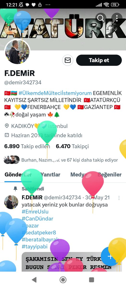 Çok değerli ve sevgili yöneticimiz @demir342734 Fuat Demir'in doğum gününü en içten dileklerimle kutlar, sağlık, mutluluk , huzurla. Dostum🎂🎂 Nice Senelere ATATÜRKİYEm ve ATATÜRK Sevdalıları adına iyiki doğdun.. 💙💛🙏 @VakIf2020 @MKAFenerim @Bulut67609647 @Bzalkanowski