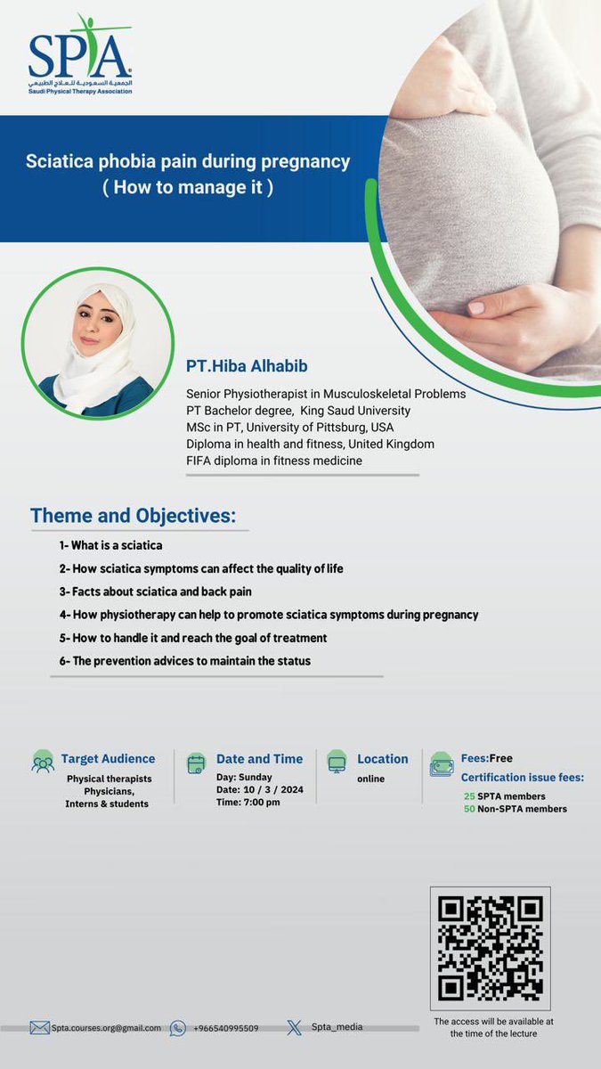 تدعوكم الجمعية السعودية للعلاج الطبيعي #سبتا_الشرقية لحضور المحاضرة الافتراضية المجانية بعنوان

Sciatica phobia pain during pregnancy ( How to manage it )

يوم الاحد
الموافق ١٠ مارس ٢٠٢٣
الساعه ٧:٠٠ مساء.

تقدمها الاخصائية : هبه الحبيب

#سبتا 
#سبتا_الشرقية