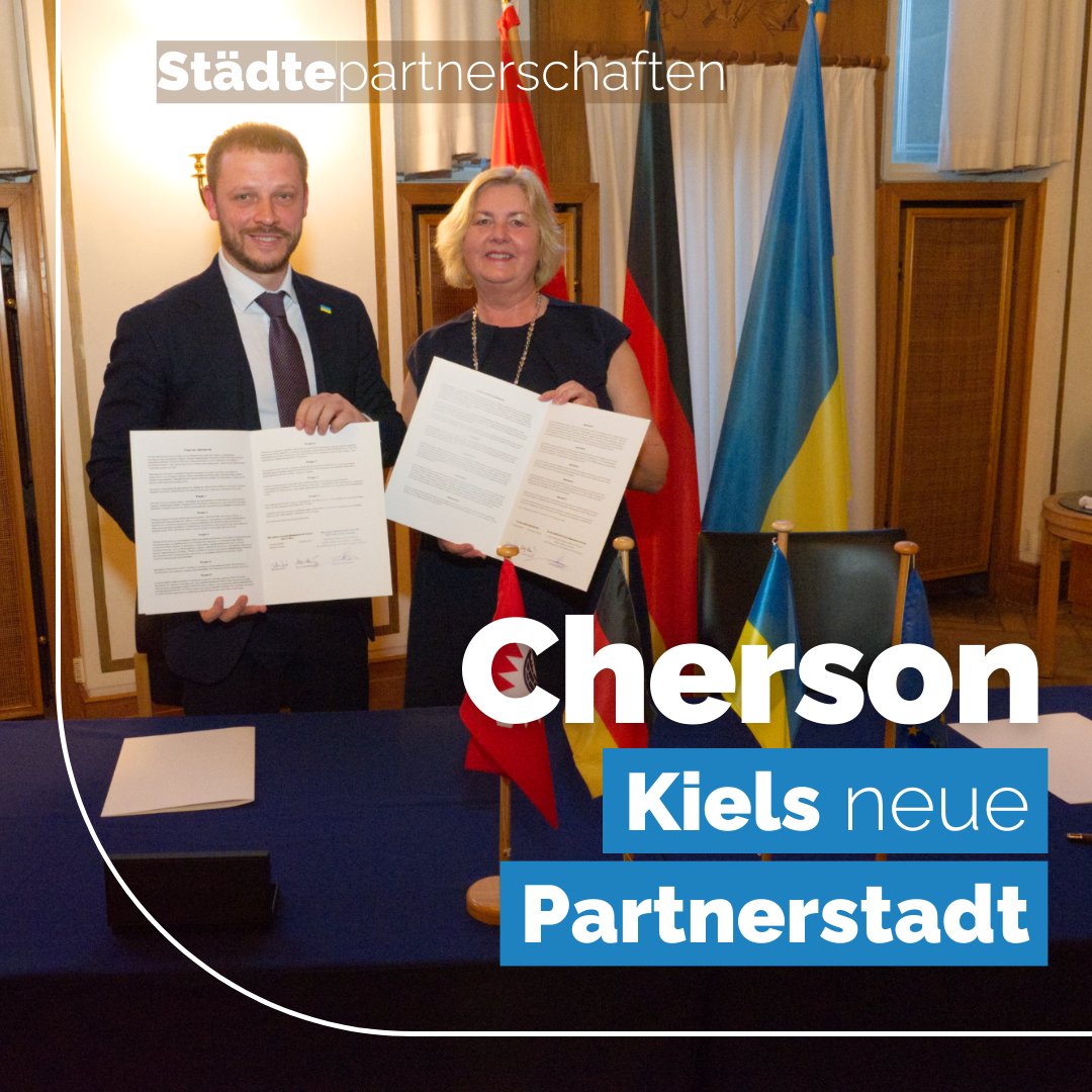 stadt_kiel's tweet image. Die Landeshauptstadt #Kiel hat gestern (29. Februar) eine Städtepartnerschaft mit der Stadt #Cherson in der Ukraine geschlossen 🇺🇦  Die im Süden der Ukraine liegende Seehafenstadt  und Kiel haben z.B. durch die CAU schon Anknüpfungspunkte in der Kieler Zivilgesellschaft.