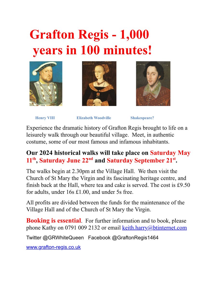 The first #GraftonRegis historical walk of 2024 isn’t far away. Book now to avoid disappointment! #Northamptonshire @NN_BestSurprise @NrthmptonEvents @NNwhatson #Woodvilles #Plantagenets #Tudors