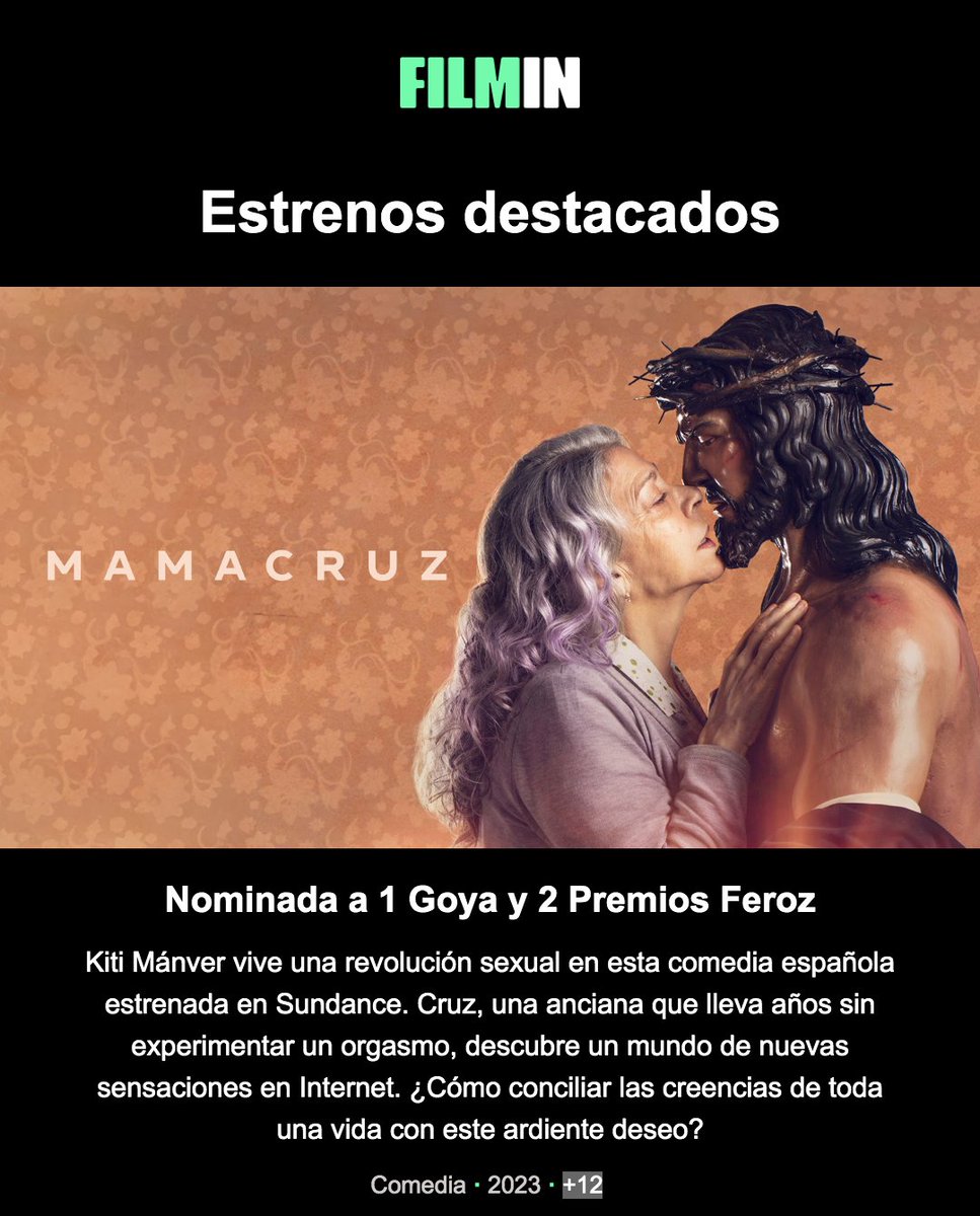 #Mamacruz (Patricia Ortega) ya disponible en @Filmin. ¡Planazo de viernes! 🔥📺 Kiti Mánver vive una revolución sexual en esta comedia española que se estrenó en Sundance y ha sido nominada a 1 Goya y 2 Premios Feroz.