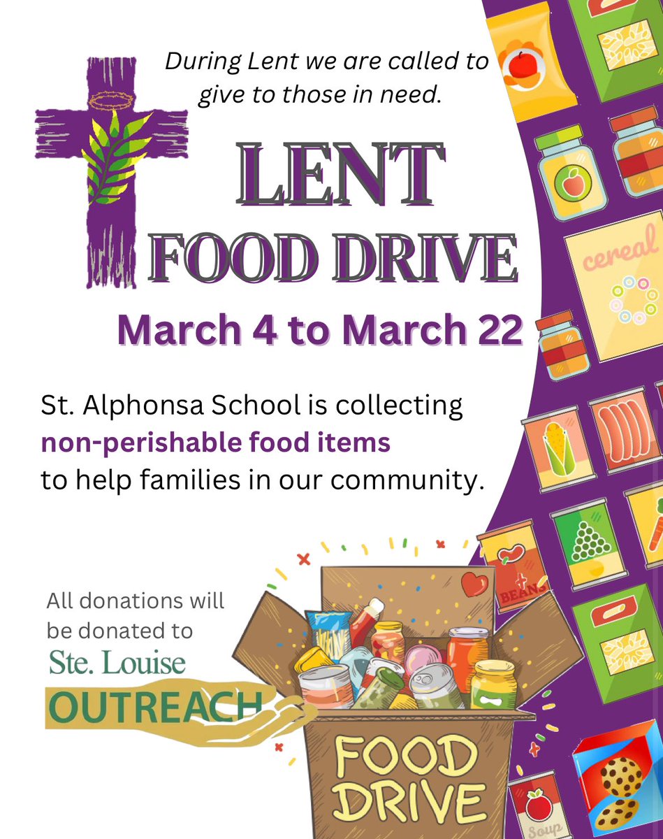 During lent let us give to those in need. Boxes are set up in the foyer for all your donations.