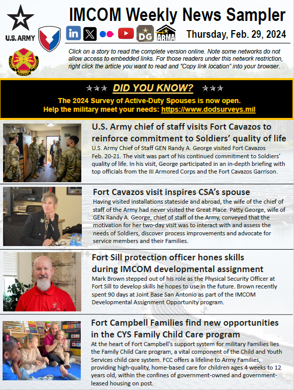 Be sure to keep up with the latest news at our Army garrisons by reading our Weekly News Sampler! spr.ly/6010X3qdn Also, the 2024 Survey of Active-Duty Spouses is now open. Help the military meet your family’s needs: spr.ly/6012X3qdk #ArmysHome #PeopleFirst