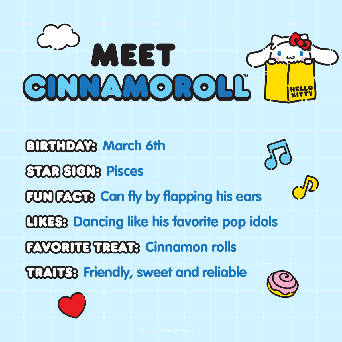 Happy March 💙 Cinnamoroll is our Friend of the Month and he's ready to celebrate @HelloKitty's 50th Anniversary! 

Here are some fun facts about our favorite flying pup ☁️ #HelloKitty50th