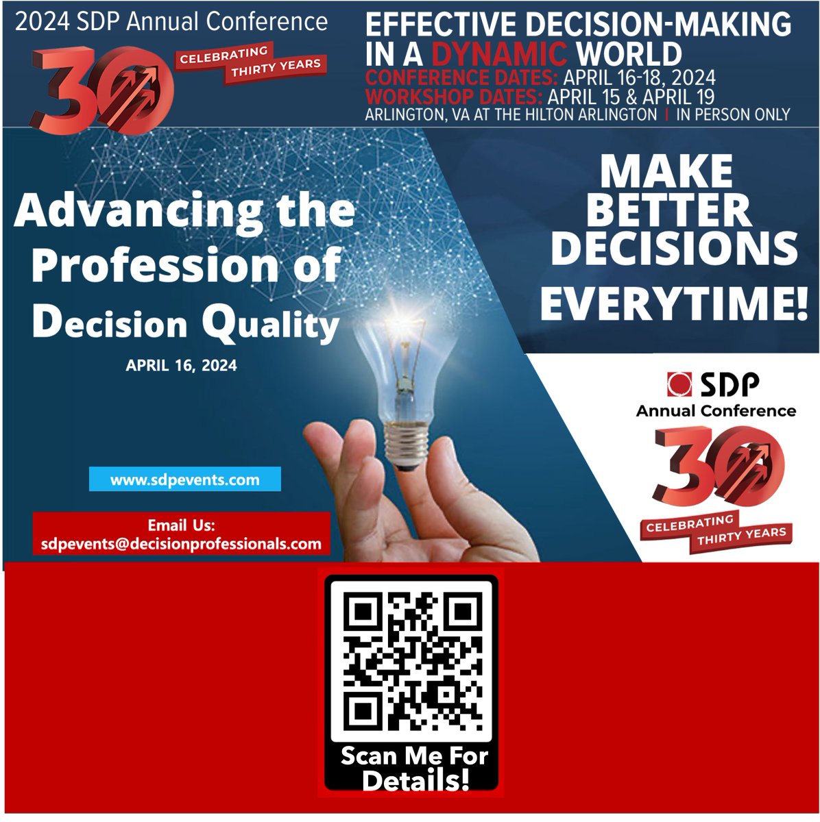 The 2024 SDP Annual Conference is happening from April 15-19, 2024, in Arlington, VA.

For the first time SDP unveils a dedicated track designed for professionals deeply immersed in DQ!

REGISTRATION &amp; INFORMATION: sdpevents.com

#SDPConference #DecisionQuality