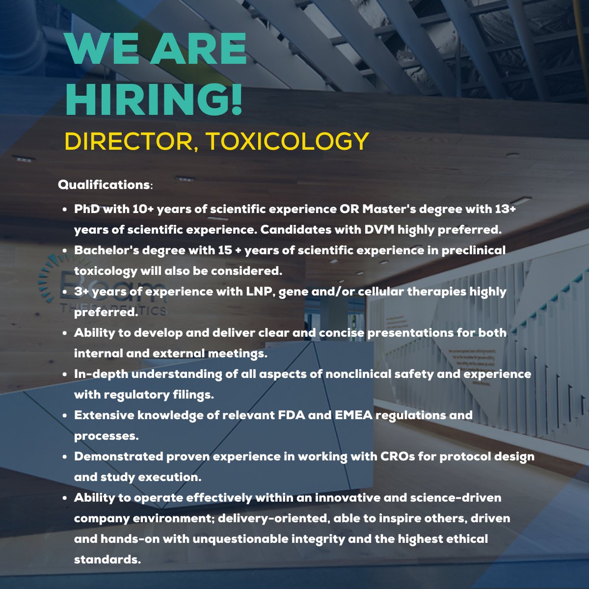 The #BeamTeam is #hiring for a Director, Toxicology! This role will be responsible for the design and execution of safety studies for Beam's ex vivo and in vivo programs in discovery through later-stage development. #DaretoBeam beamtx.com/jobs/job/100-8…