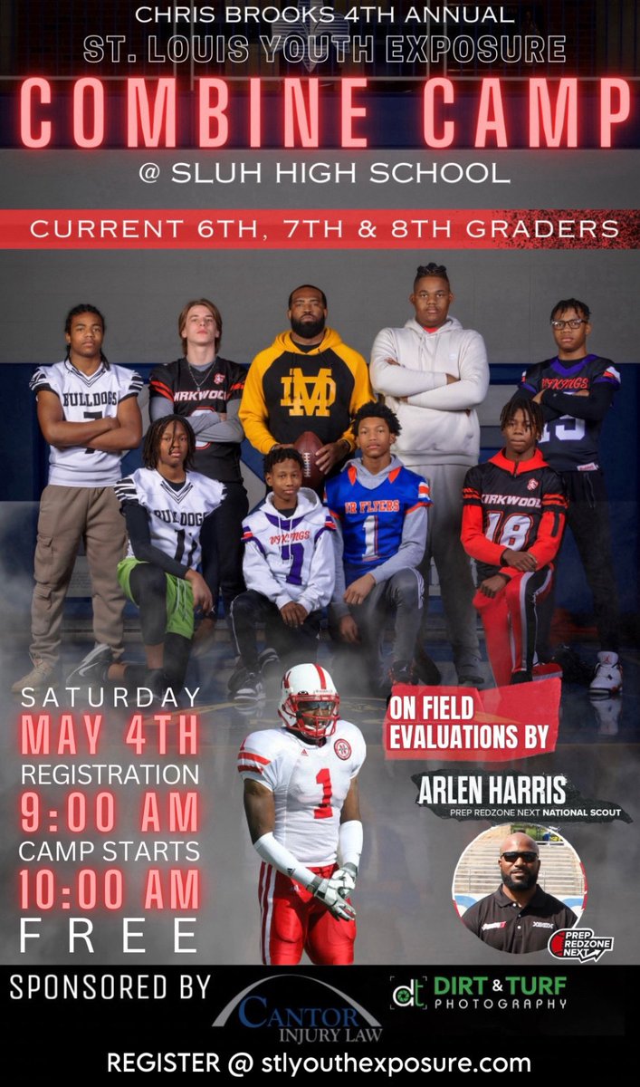 ChrisBrooks83's tweet image. We are excited to invite all current 6th, 7th &amp;amp; 8th graders to the 4th annual Chris Brooks - St. Louis Youth Exposure Combine Camp. Saturday May 4th, 2024 @10AM. Camp is FREE! 
You must register at stlyouthexposure.com
Sponsored by @CantorInjuryLaw