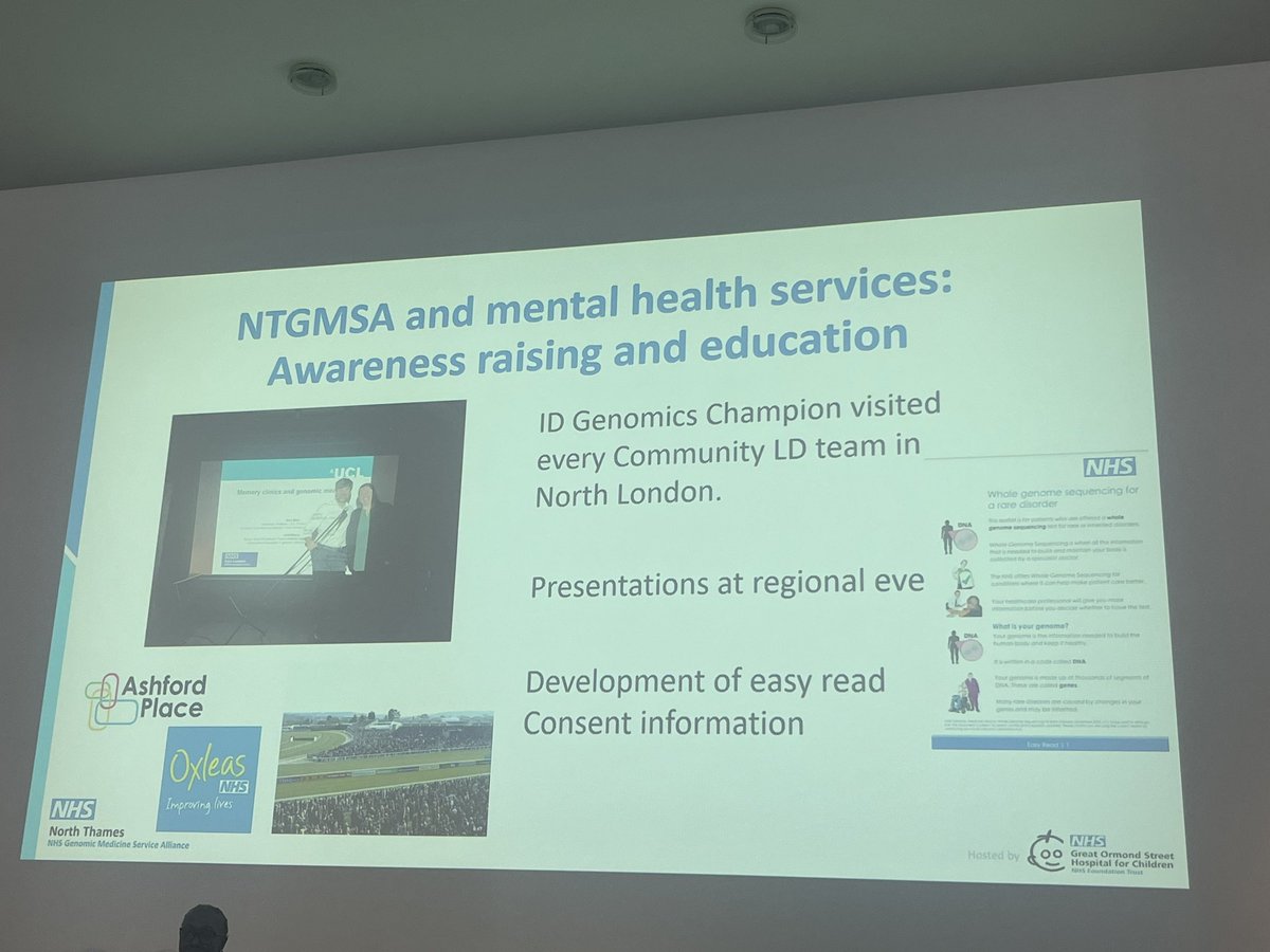 #Genomics in #mental health & #LD-our leads @NorthThamesGMS are supporting ALL healthcare professionals including #nurses & #AHPs to be able to have genomic conversations w/ all pts! @emmawadey @janewells99 @rcpsych