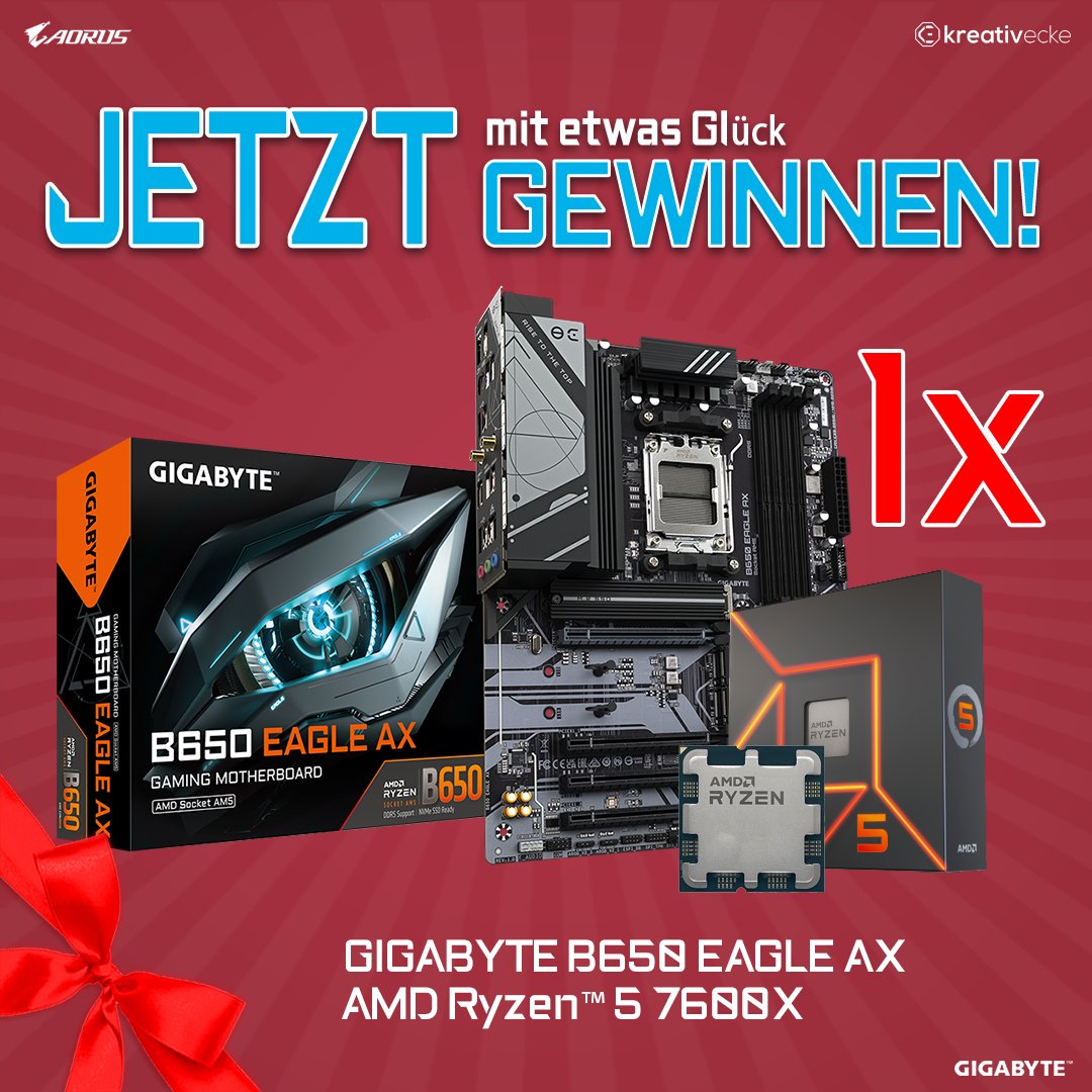 ★ Jetzt 1x GIGABYTE B650 EAGLE AX Mainboard & AMD Ryzen™ 5 7600Xmit etwas Glück gewinnen! Zur Aktion: gheed.com/giveaways/g-V2… #GIGABYTE #AORUS #KREATIVECKE #AMD