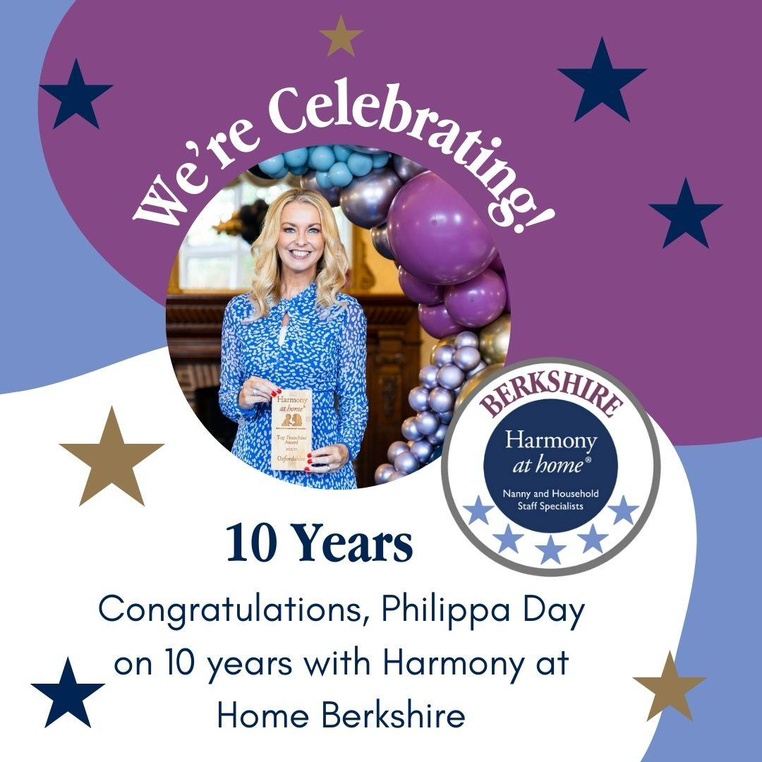 Congratulations Philippa Day on 1️⃣0️⃣ years with Harmony at Home Berkshire!   We are grateful for your loyalty, support and excellence in Nanny and Household Staff recruitment. Raise a glass to the next 10! #nannyagency #franchise #Entrepreneur #celebration #householdstaff #nanny