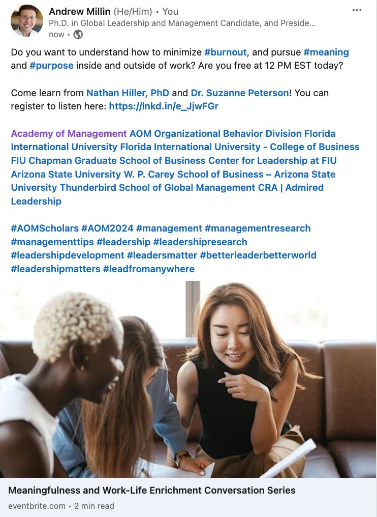 Come join the @AOMConnect conversation at noon EST today. You can register here: eventbrite.com/e/meaningfulne…. #AOMScholars #management #leadership #leadershipdevelopment #leadersmatter #betterleaderbetterworld #leadershipmatters #leadfromanywhere