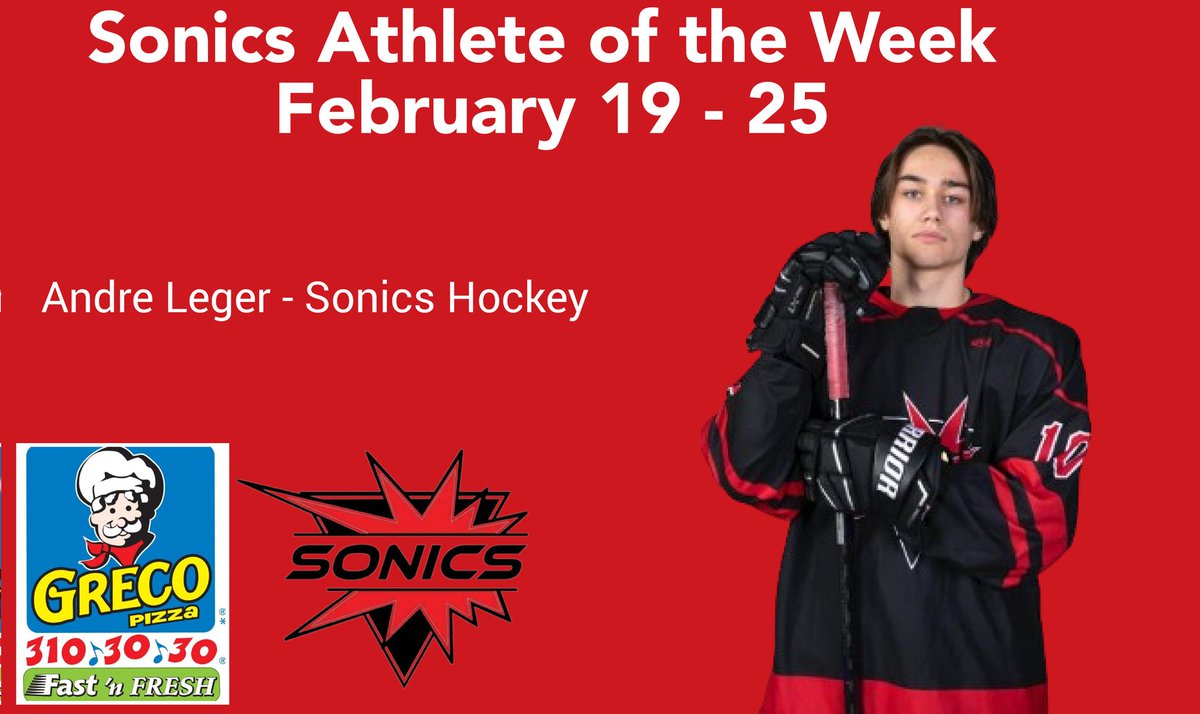 Congratulations to our SRHS Greco Sonics Athlete of the Week for February 19 - 25, André Léger with Sonics Hockey!