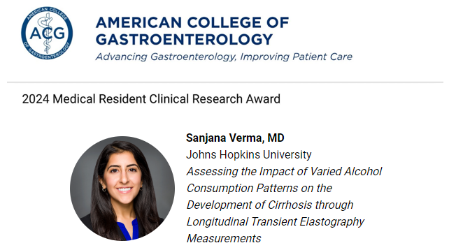 Congrats to IM resident Dr. Sanjana Verma @OslerResidency! She will work with us on a unique cohort study @JohnsHopkinsSPH to better our understanding of #Alcohol and its impact on liver disease. @AmCollegeGastro @HopkinsGIHep