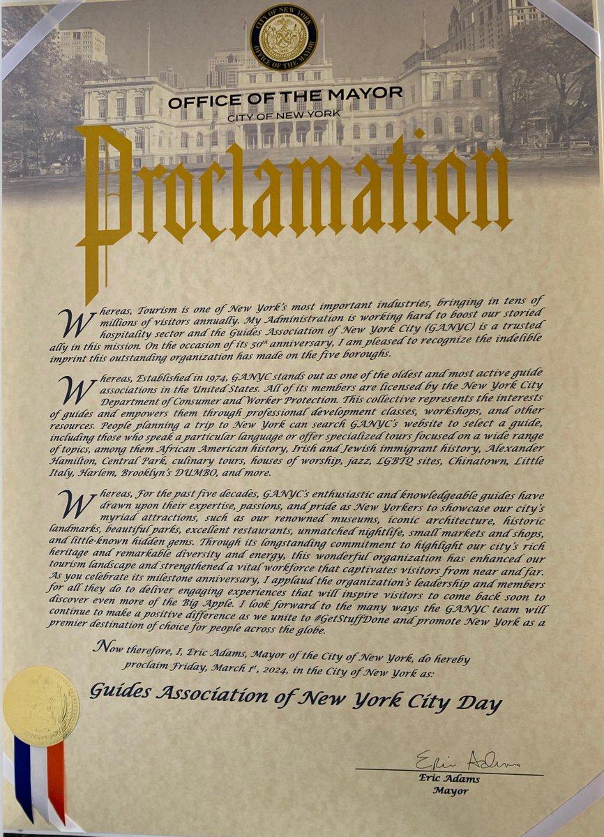 As we prepare for our 50th Anniversary gala this evening, GANYC is proud to announce that the City of New York has officially proclaimed today-- March 1, 2024-- as Guides Association of New York City Day. We thank the Mayor's office and the city for formally recognizing GANYC.