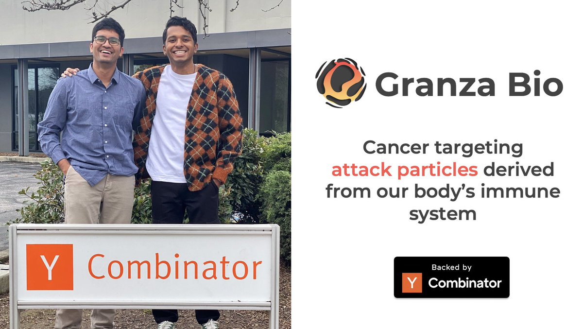 🎯 <a href="/GranzaBio/">Granza Bio (YC W24)</a> (YC W24) is developing "attack particles" that selectively target and kill cancer cells, eliminating unwanted side effects and toxicity from cancer treatment.

ycombinator.com/launches/KVa-g…

Congrats on the launch, <a href="/Menon_Ashwin/">Ashwin Nandakumar, DPhil</a>, <a href="/ak_jainarayanan/">Ashwin Jainarayanan</a>, and <a href="/MichaelLDustin/">Michael Dustin</a>!