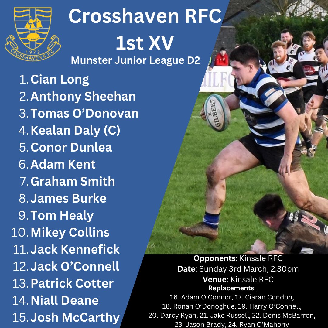 Crosshaven RFC (@crosshavenrugby) on Twitter photo 🔵⚫️⚪️
Our J1s approach the business end of the season this weekend as we travel to Kinsale on Sunday, 3rd March.
Kick off is 2.30pm.
#CrosshavenRugby #MunsterJuniorRugby <a href="/MJCRugby/">Munster Junior Club Rugby</a> <a href="/Munsterrugby/">Munster Rugby</a> 🔵⚫️⚪️
Our J1s approach the business end of the season this weekend as we travel to Kinsale on Sunday, 3rd March.
Kick off is 2.30pm.
#CrosshavenRugby #MunsterJuniorRugby <a href="/MJCRugby/">Munster Junior Club Rugby</a> <a href="/Munsterrugby/">Munster Rugby</a>