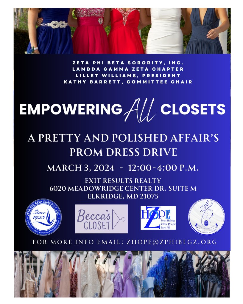 zphib_lgz's tweet photo. Have a gently used or new dresses that you no longer need? Consider donating them for a great cause! The Prom Dress Collection will be March 3rd, 12 noon to 4pm, Exit Results Realty, Elkridge MD 21075
#ZetaPhiBeta #ZPhiB1920 #ZPhiB #EmbraceTheExtraordinary #ZHOPE https://t.co/AuYNMKdYK1