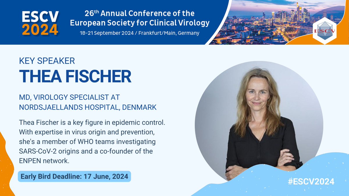 Join us in welcoming Thea Fischer, MD, from Denmark, as one of our esteemed keynote speakers. With expertise in epidemic control and virus research, she's at the forefront of shaping global health initiatives. Don't miss her insights at #ESCV2024! 🦠

bit.ly/3V0oBb5