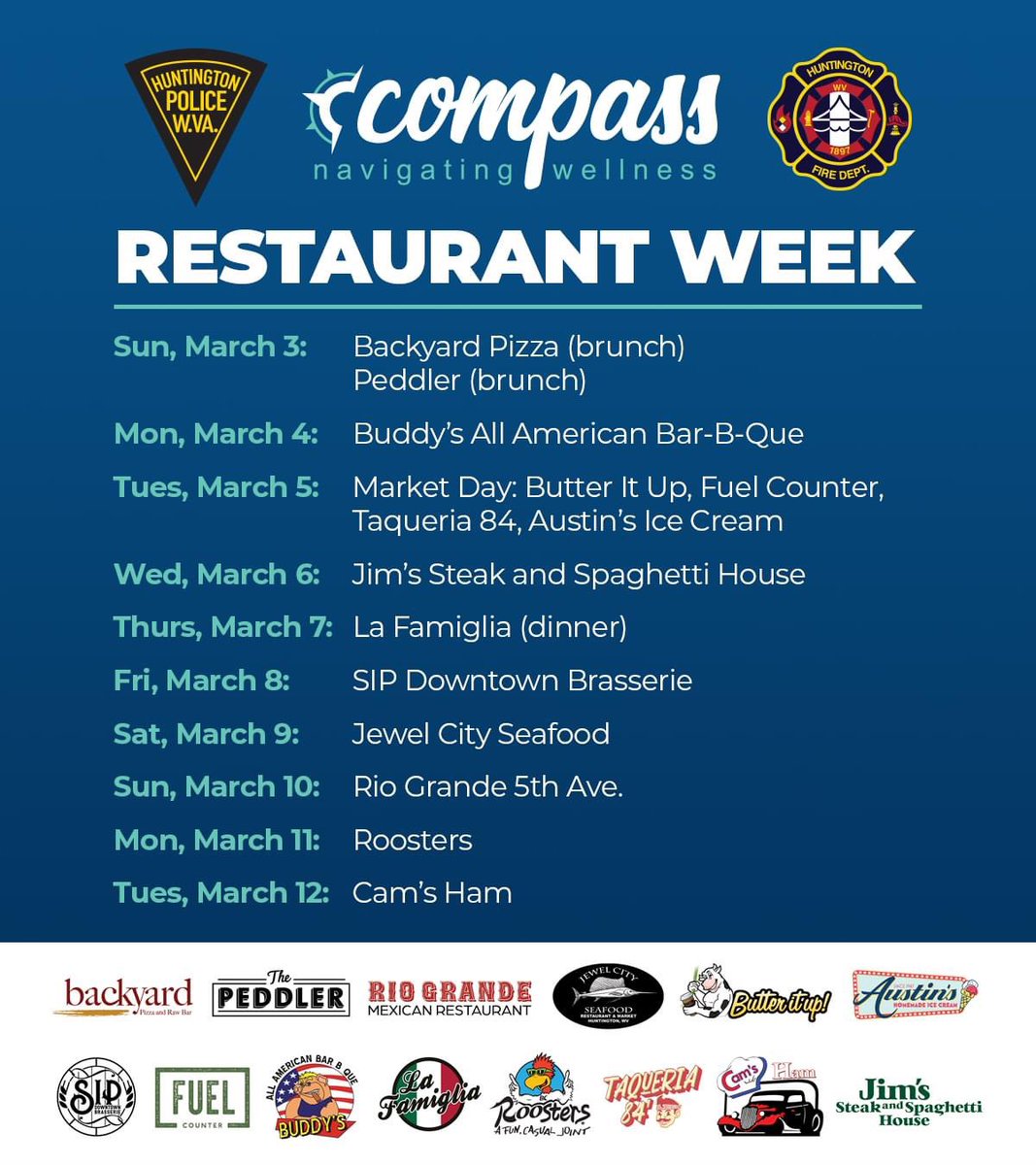 Compass Restaurant Week begins Sunday! Visit these restaurants on the listed days and support our Huntington Police & Fire.