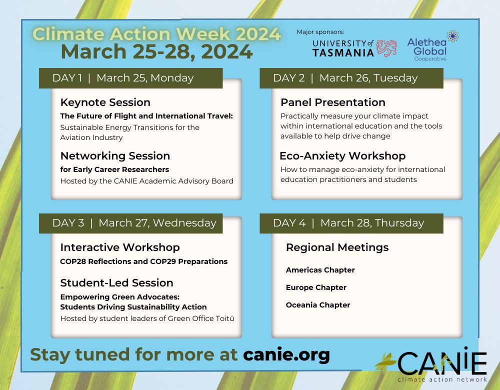 🗓️CANIE Climate Action Week update: 📝We're putting on the finishing touches, for now take a look at the program overview and SAVE THE DATE! #internationaleducation #highereducation #timeisnow #timetoact #daretochange #agenda2030 #sustainability #climatechange #climateaction