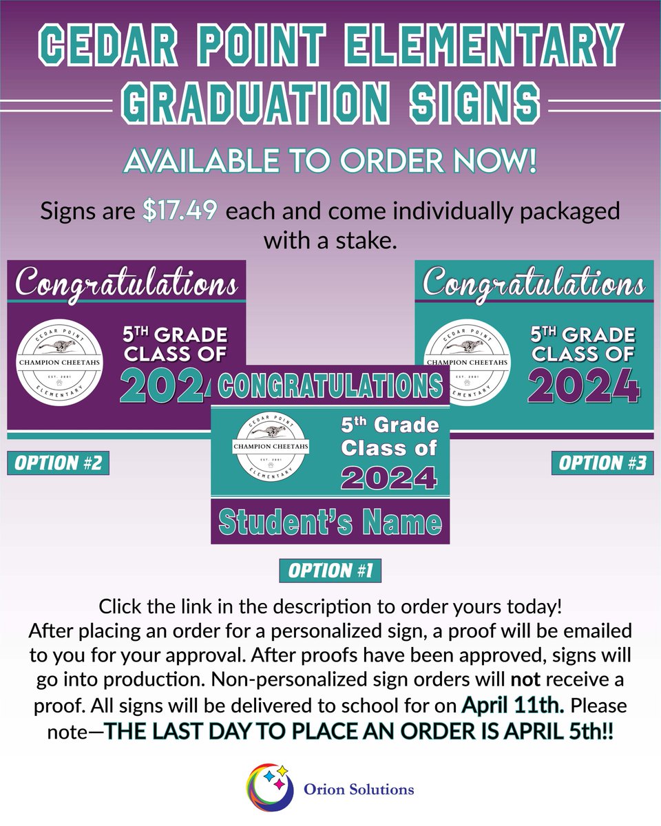 Attention 5th grade #CPChampionCheetahs! We will be providing an optional opportunity to purchase 5th grade graduation yard signs by visiting
orionpros.com/shop/ols/produ…
Orders are due by April 5! More information is being emailed and sent home.