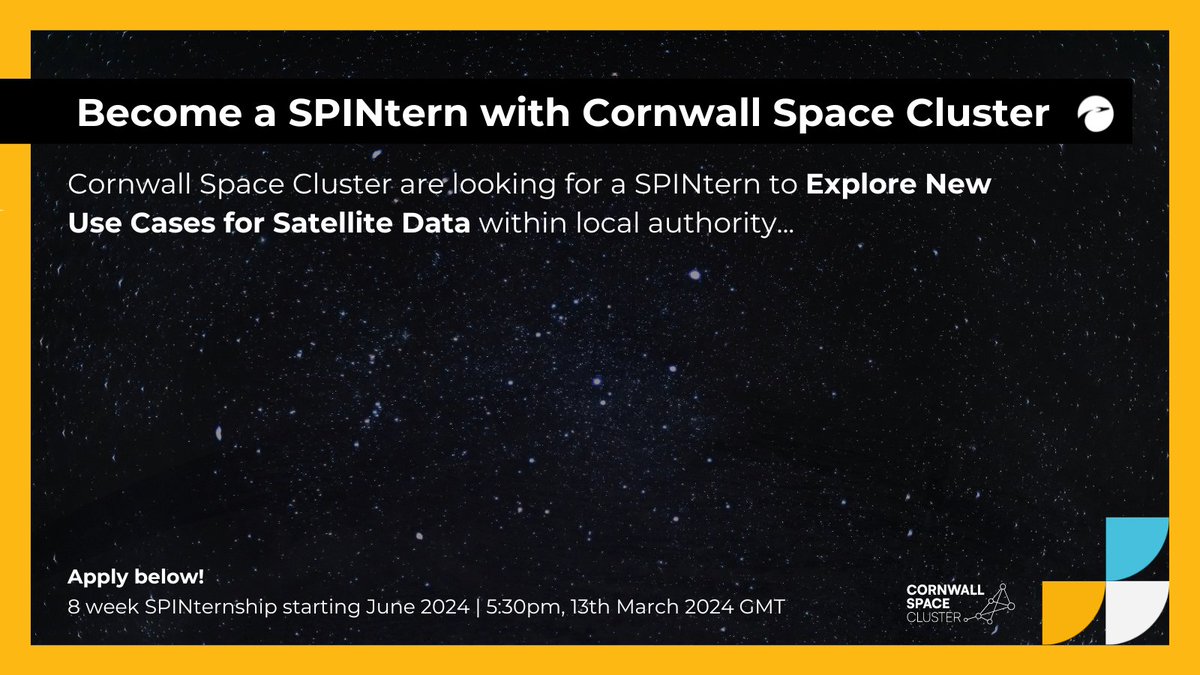 Join the @CWLSpaceCluster as part of their #SPINternship! Working with @CornwallCouncil, you'll report on opportunities where our local authorities could use satellite data to better serve Cornwall. Apply today 👇 beapplied.pulse.ly/cpeyyxxnyz #Space