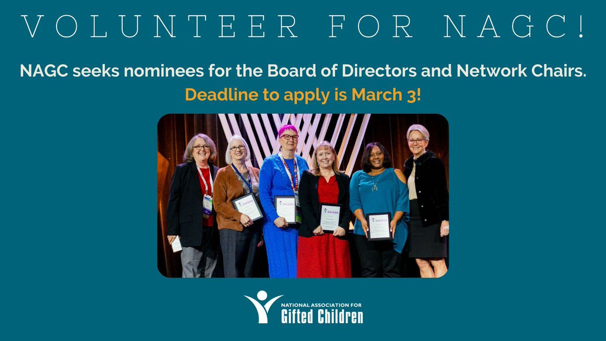 It's here! The deadline to nominate or apply for a leadership role is Sunday, March 3! Nominate now: buff.ly/47o3Rgb #Gifted #GiftedEd #GiftedMinds