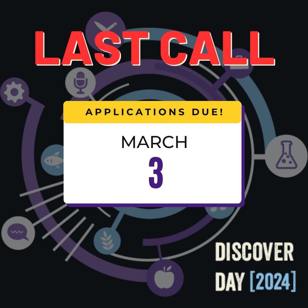 !! Applications to present at Discover Day are due THIS SUNDAY, March 3 by 11:59pm !! Visit our website to learn more about the undergraduate research conference & to access the online application. lsu.edu/discover/event… Don't delay!