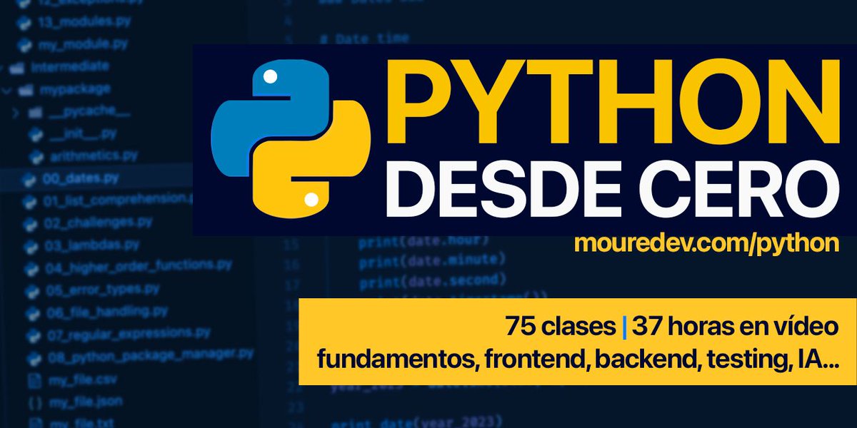 MoureDev's tweet image. Si quieres aprender a programar en PYTHON, este es mi curso GRATIS desde cero:
→ Fundamentos: 10h
→ Intermedio: 7h
→ Backend: 8h
→ Frontend: 9h (pronto más)
→ Testing, IA y más
37 HORAS y 75 clases en vídeo. CÓDIGO libre. 20K STARS en GitHub.
mouredev.com/python