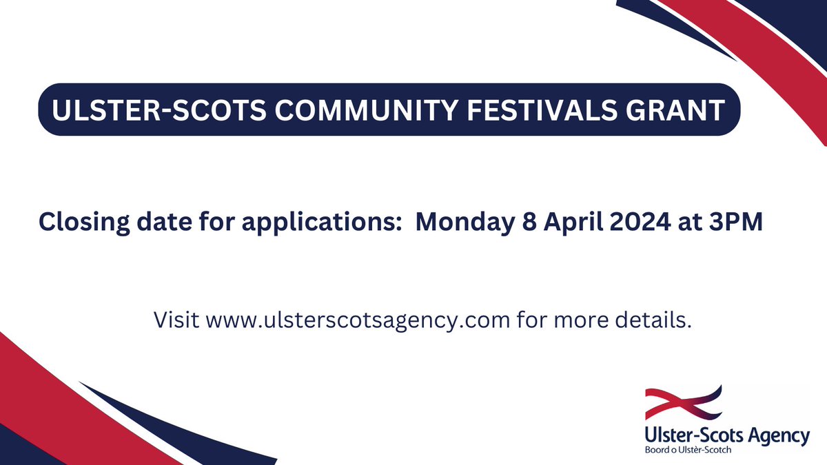 📢 Ulster-Scots Agency Opens Community Festivals Grant 📢

The programme aims to support community festivals throughout Ulster from 1 June 2024 to 31 March 2025.  Deadline for applications is 3pm on Monday 8 April 2024. 

For more details: ow.ly/xcb250QJSyl 

#ulsterscots