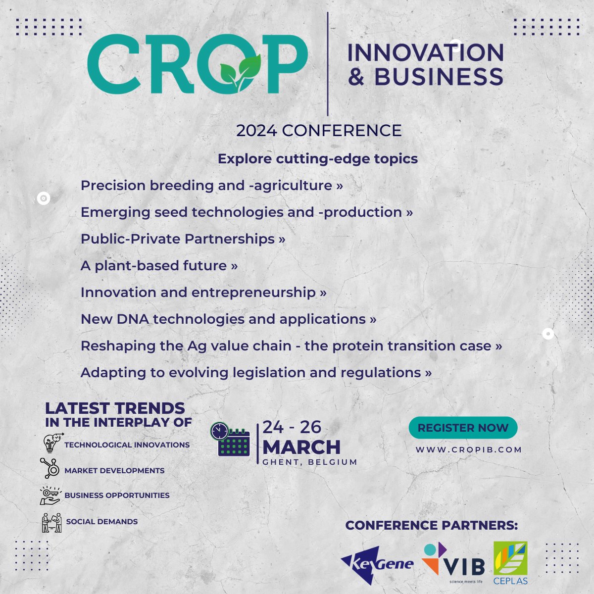 📢Don´t miss the opportunity to meet the Ag-Bio &amp;  Ag-Tech industry at CROP innovation &amp; business on March 24-26!  
🌿Gain insights into the latest advancements, trends, and best practices on the use of new technologies for breeding innovative crops.
cropib.com