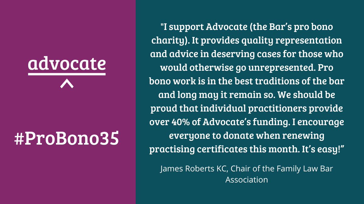 'We should be proud that individual practitioners provide over 40% of Advocate’s funding. I encourage everyone to donate when renewing practising certificates this month. It’s easy!' - @JamesRoberts_, Chair of @FamilyLawBar. Find out more➡️bit.ly/ProBono35 #ProBono35