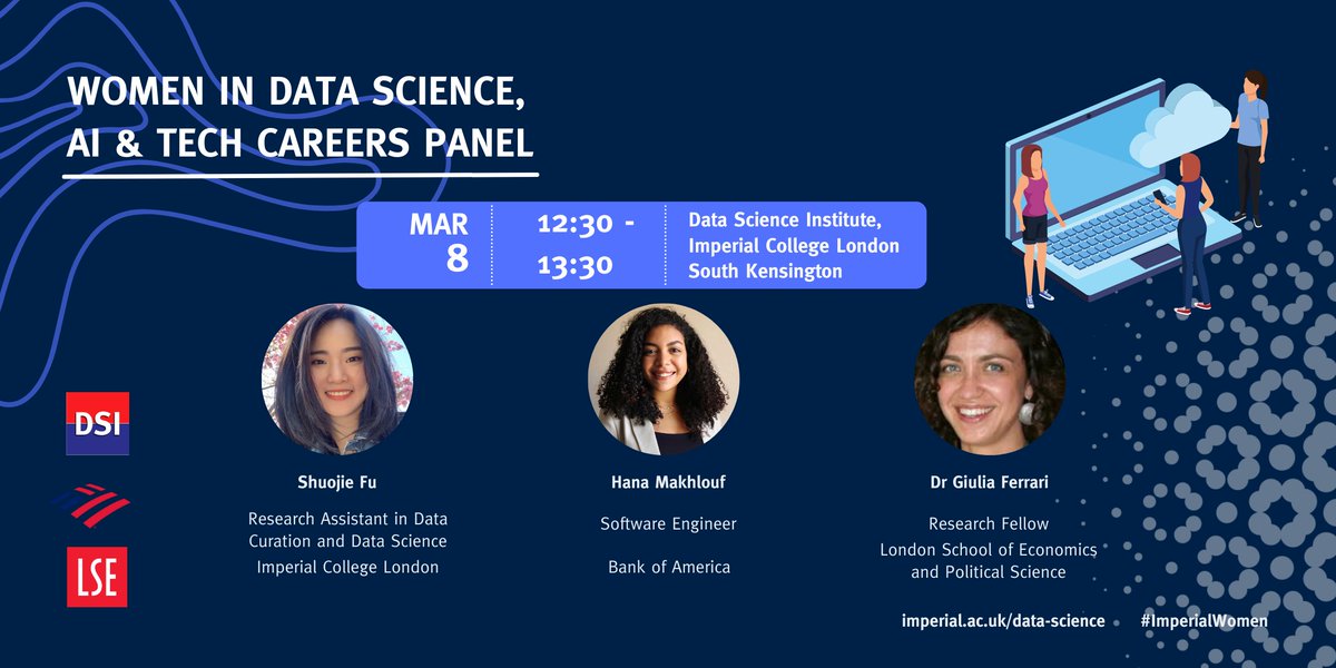 Join us next week for our panel discussion about Women in Data Science, AI & Tech Careers for #internationalwomensday👩‍💻 ♀ Hear from our fantastic panel from @imperialcollege @bankofamerica and our sister institute @LSEDataScience!👇 imperial.ac.uk/events/174212/…
