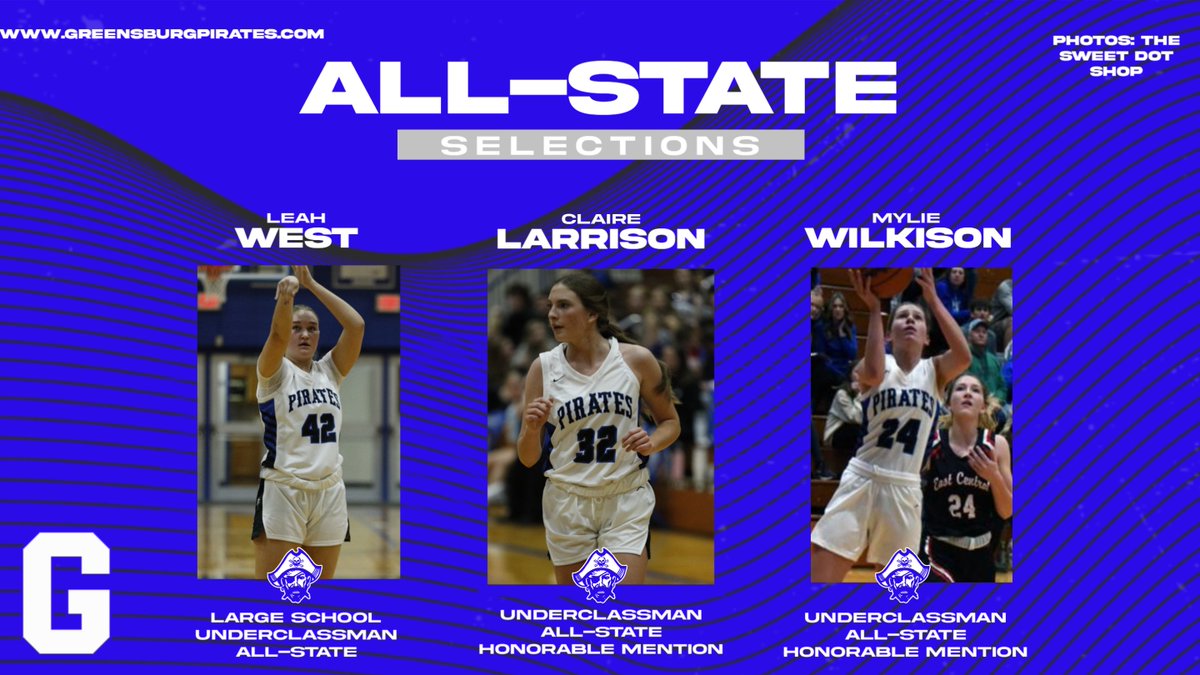 Girls basketball team members Leah West, Claire Larrison, and Mylie Wilkison were all selected for All-State recognition by the @IBCA_Coaches Wednesday. greensburgpirates.com/Article/22589