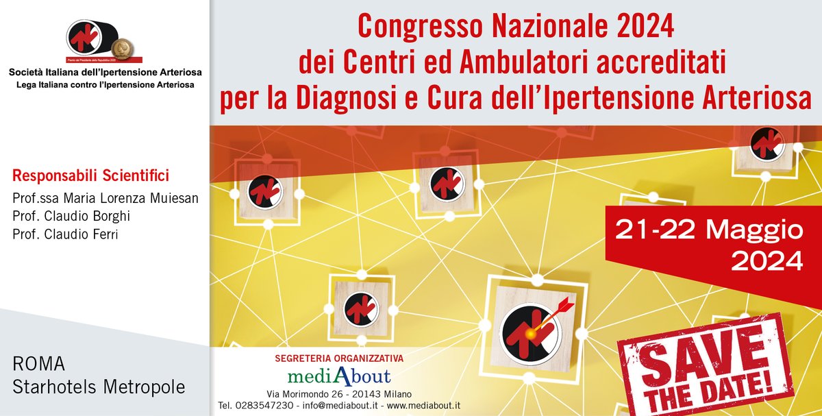 SAVE THE DATE
Congresso Nazionale 2024 dei Centri ed Ambulatori accreditati per la Diagnosi e la Cura dell’Ipertensione Arteriosa
Roma, 21/22 maggio 2024
Star Hotel Metropole