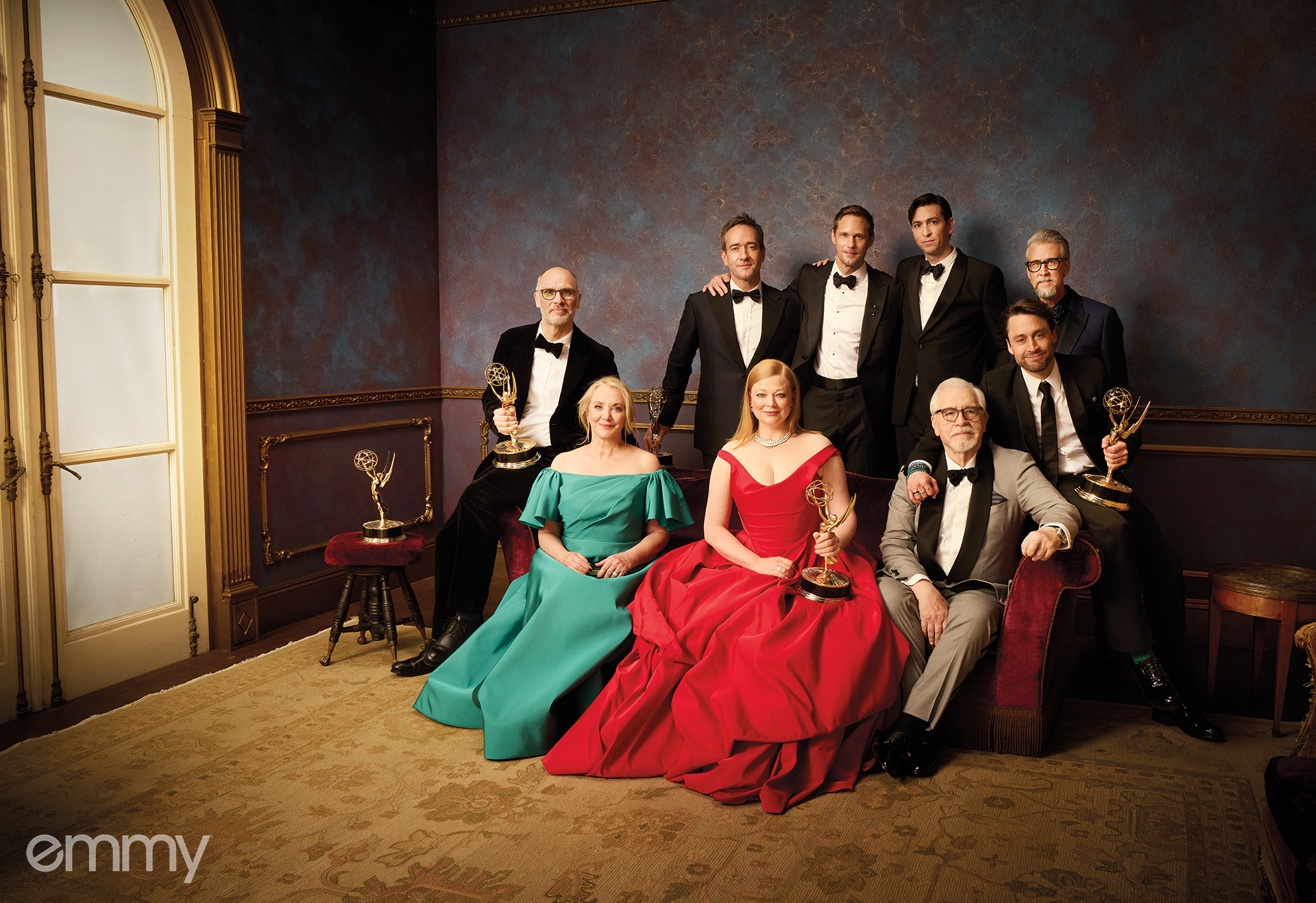 The cast and creatives of Succession: (standing from left) Matthew Macfadyen, Alexander Skarsgård, Nicholas Braun, Alan Ruck; (seated) Jeses Armstrong, J. Smith-Cameron, Sarah Snook, Brian Cox, Kieran Culkin. 