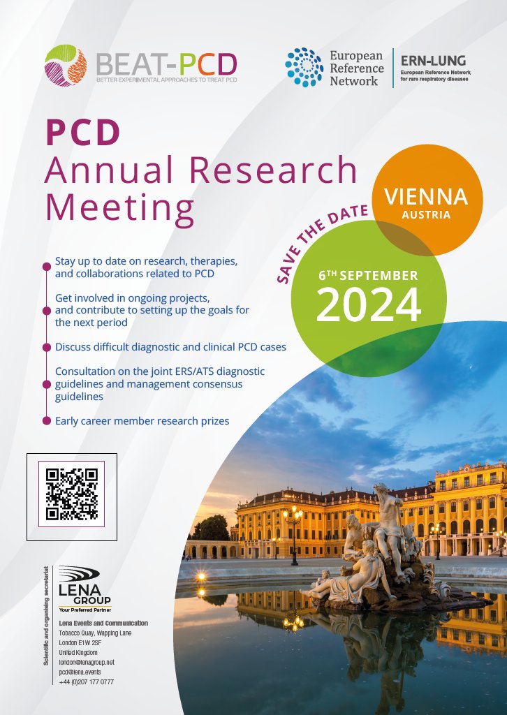Save the date for the next @beatpcd & @ErnLung PCD Annual Research Meeting happening in Vienna on September 6th ahead of the @EuroRespSoc conference. @Lena_Group4Resp
