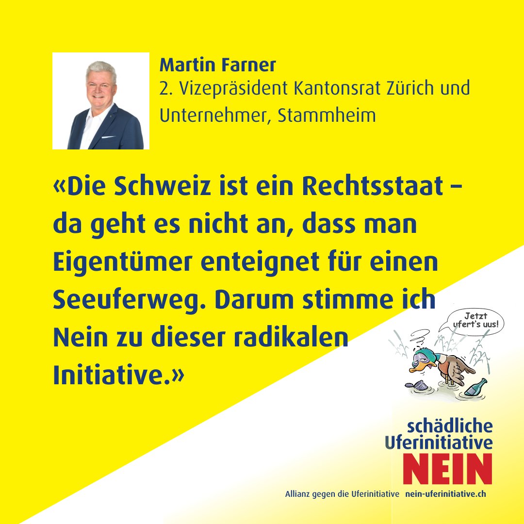 UferiniNein's tweet photo. Jede Stimme zählt! Jetzt noch abstimmen und bei der Gemeinde einwerfen- für die Post ist es nun zu spät. Kantonsrat @martinfarner: Die Schweiz ist ein Rechtsstaat - da geht es nicht an, dass man Eigentümer enteignet für einen Seeuferweg. Darum Nein zu dieser radikalen Initiative. https://t.co/Gy51JLmqDq