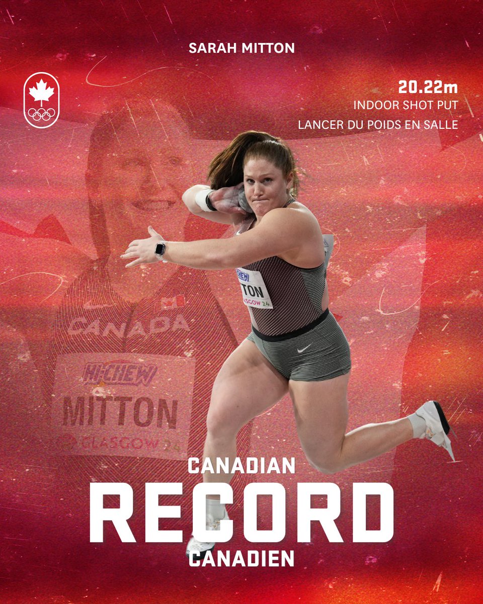 WORLD CHAMPION! 🤩 Sarah Mitton smashed her own Canadian record en route to securing women’s shot put gold at the World Athletics Indoor Championships. 

She will arrive at Paris 2024 as a world champion with her 20.22-metre throw. #TeamCanada