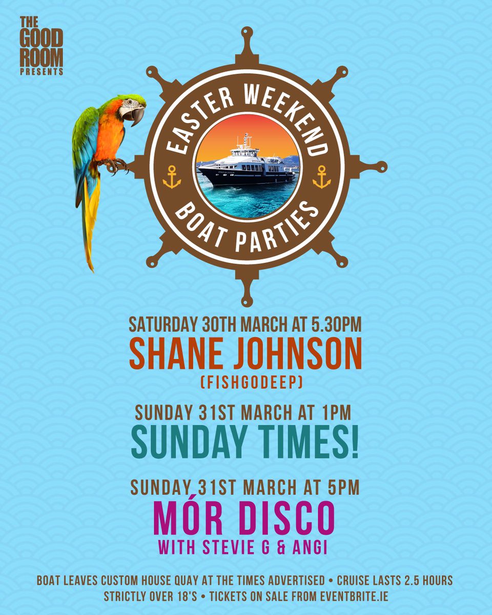 ⚓️ EASTER WEEKEND BOAT PARTIES ⚓️Tickets on sale Monday 4th March at 10am from eventbrite.ie Shane Johnson returns to the waters with killer tunes Saturday. Sunday Times crew make their debut performance on River Lee followed by a Mór Disco special with Stevie G & Angi