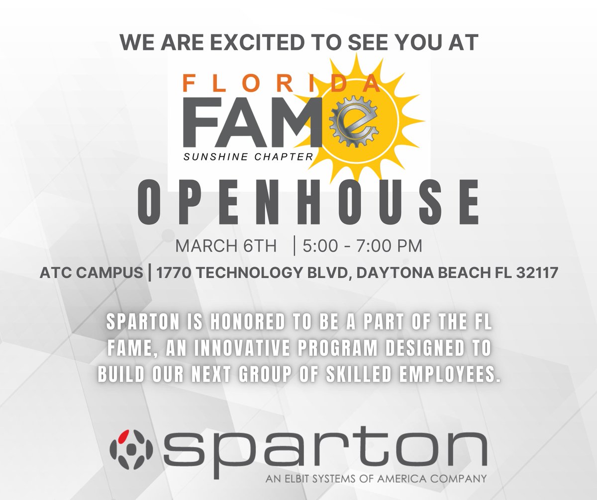 We are less than a week away from the FAME Open House! This is a great opportunity to learn more about how #Sparton can help you better your future! Sign up here ➡ shorturl.at/FKMPZ Thank you FL -FAME Sunshine Chapter for allowing us an opportunity to support!