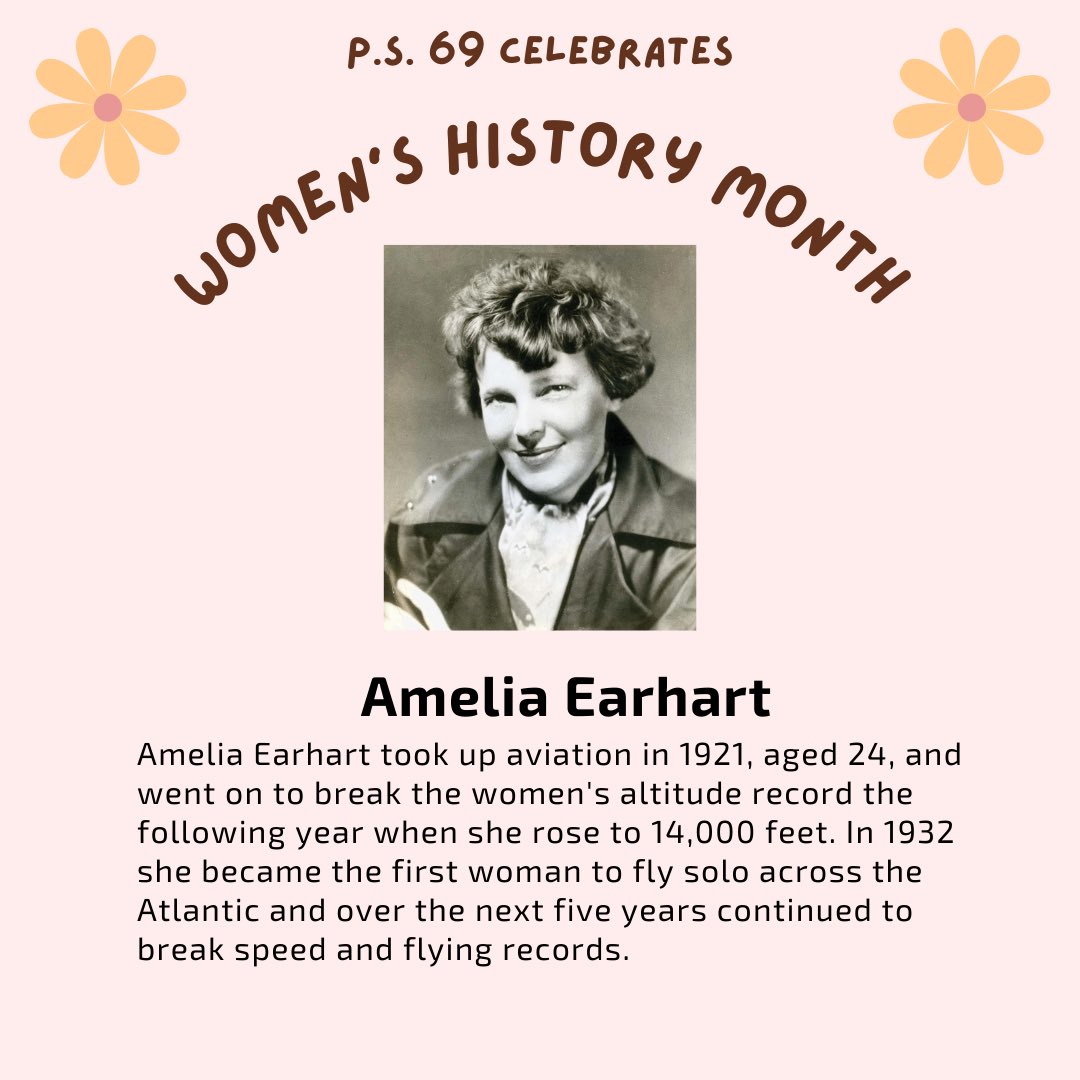 Ps6931R's tweet photo. As March begins, so does Women’s History Month. We will celebrate women from all walks of lives who inspired and shaped our history. Our first woman we feature is Amelia Earhart. #WomenHistoryMonth @CSD31SI @DrMarionWilson https://t.co/5G4d8Xt9ej