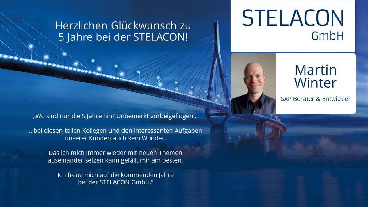 stelacon's tweet photo. Servus Martin, wir sind froh, dass du dich vor fünf Jahren für uns entschieden hast und wir gemeinsam dein 5-jähriges Jubiläum feiern können. Großartig, dass du Teil der STELACON bist! https://t.co/0Ic2hxOJcY