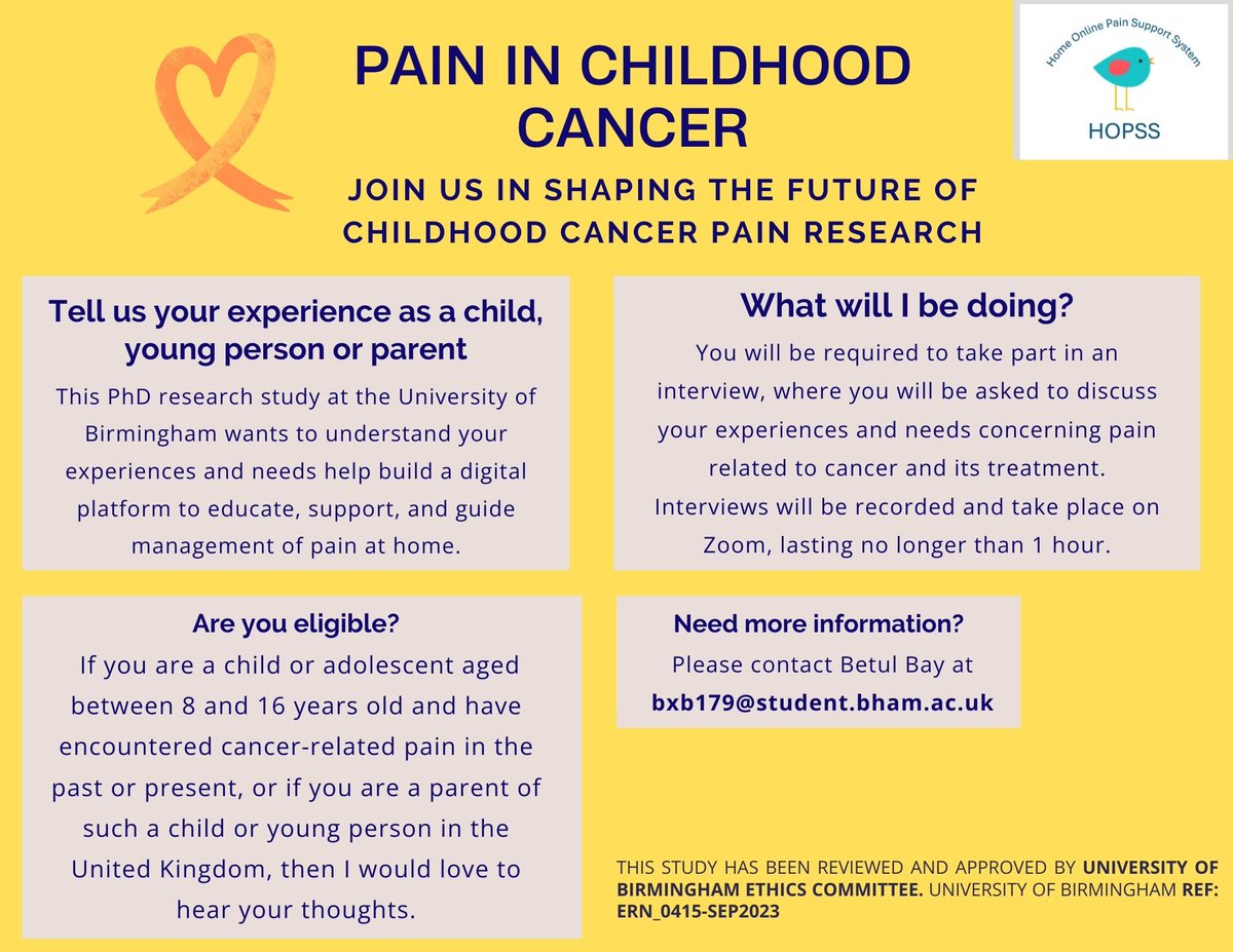 We would greatly appreciate your input regarding the information necessary for effectively managing your child's pain during and after their battle with cancer.  Please visit the study website to know more birmingham.ac.uk/schools/nursin… Or drop a message