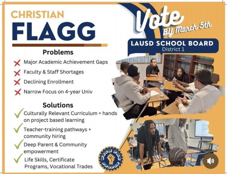 #ChristianFlagg is running for the LAUSD District 1 school board seat. Get out and vote on March 5th. Please retweet to get the word out!
