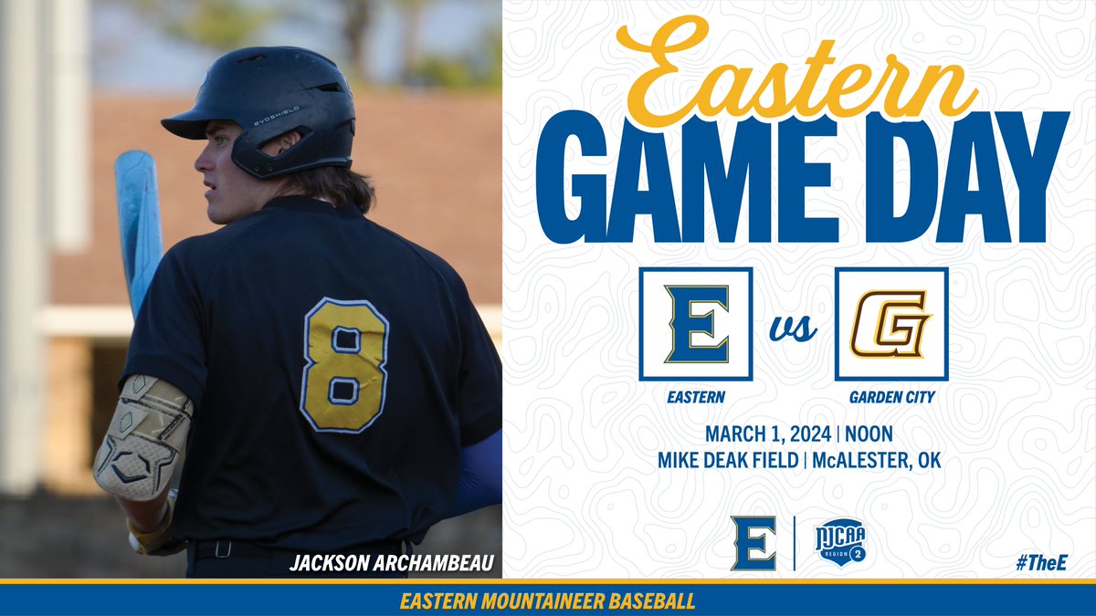 Game Day! Mother Nature is at it again. Due to field conditions at home, Eastern will take on Garden City in McAlester at Mike Deak Field. Come out and support! #TheE #NJCAABSB
⚾️ vs. @GCCCBaseball 
⏰ Noon
🏟 Mike Deak Field Field
📍 McAlester, OK