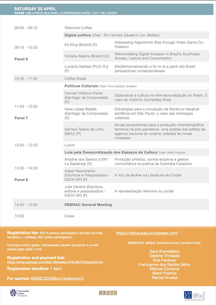 Programme and abstracts for REBRAC conference in Leiden (18-20 April 2024) available. Registration link in programme. Programa e resumos para congresso da REBRAC em Leiden (18 a 20 de abril de 2024) já disponíveis. Link de inscrição no final do programa. 
rebracweb.wordpress.com/congressos/202…