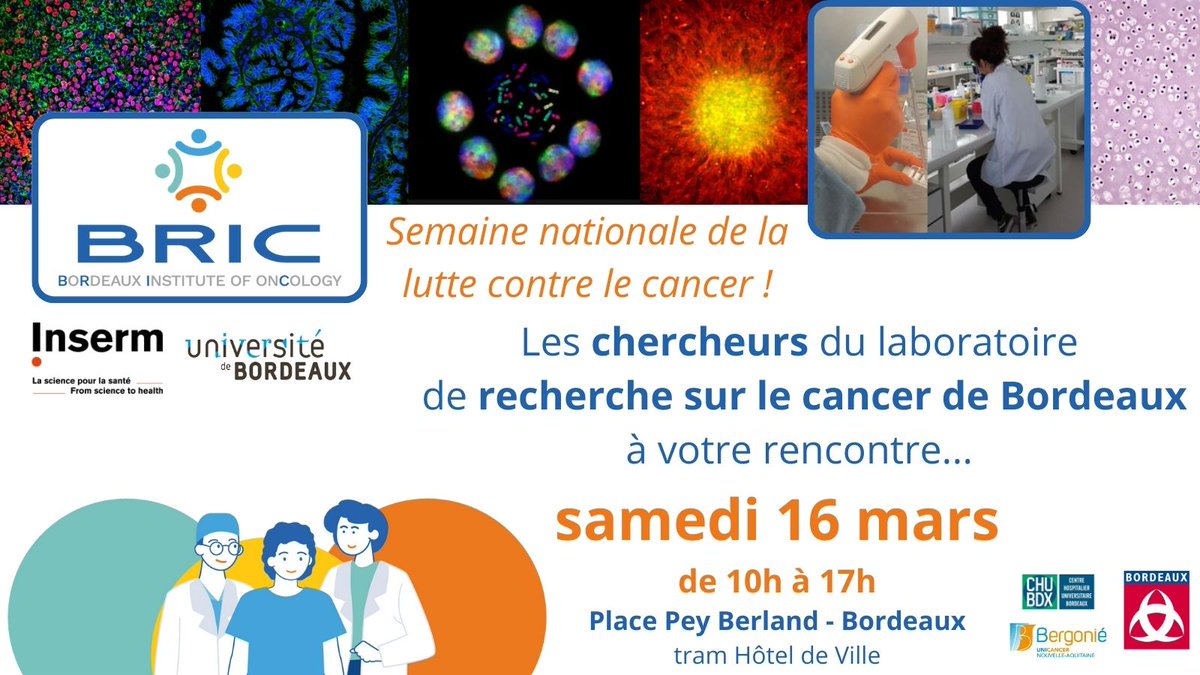 [Nos scientifiques à votre rencontre]  Venez nous rencontrer à l’occasion de la semaine nationale de lutte contre le #cancer ! 📆 samedi 16 mars 2024 📌 place Pey Berland - <a href="/Bordeaux/">Bordeaux</a>

<a href="/CHUBordeaux/">CHU de Bordeaux</a> @BERGONIE33 <a href="/DepartementSBM/">Département Sciences Biologiques et Médicales</a> <a href="/univbordeaux/">Université de Bordeaux</a> <a href="/Inserm/">Inserm</a>
bricbordeaux.com/event/nos-scie…